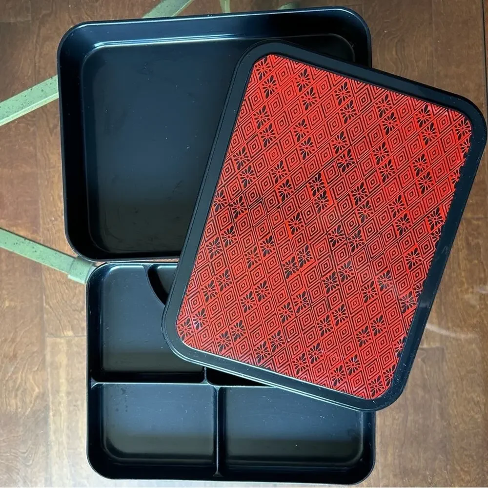 Japanese Bento Box, Black & Red Geometric Pattern, Nice Big Size For Adult Meal